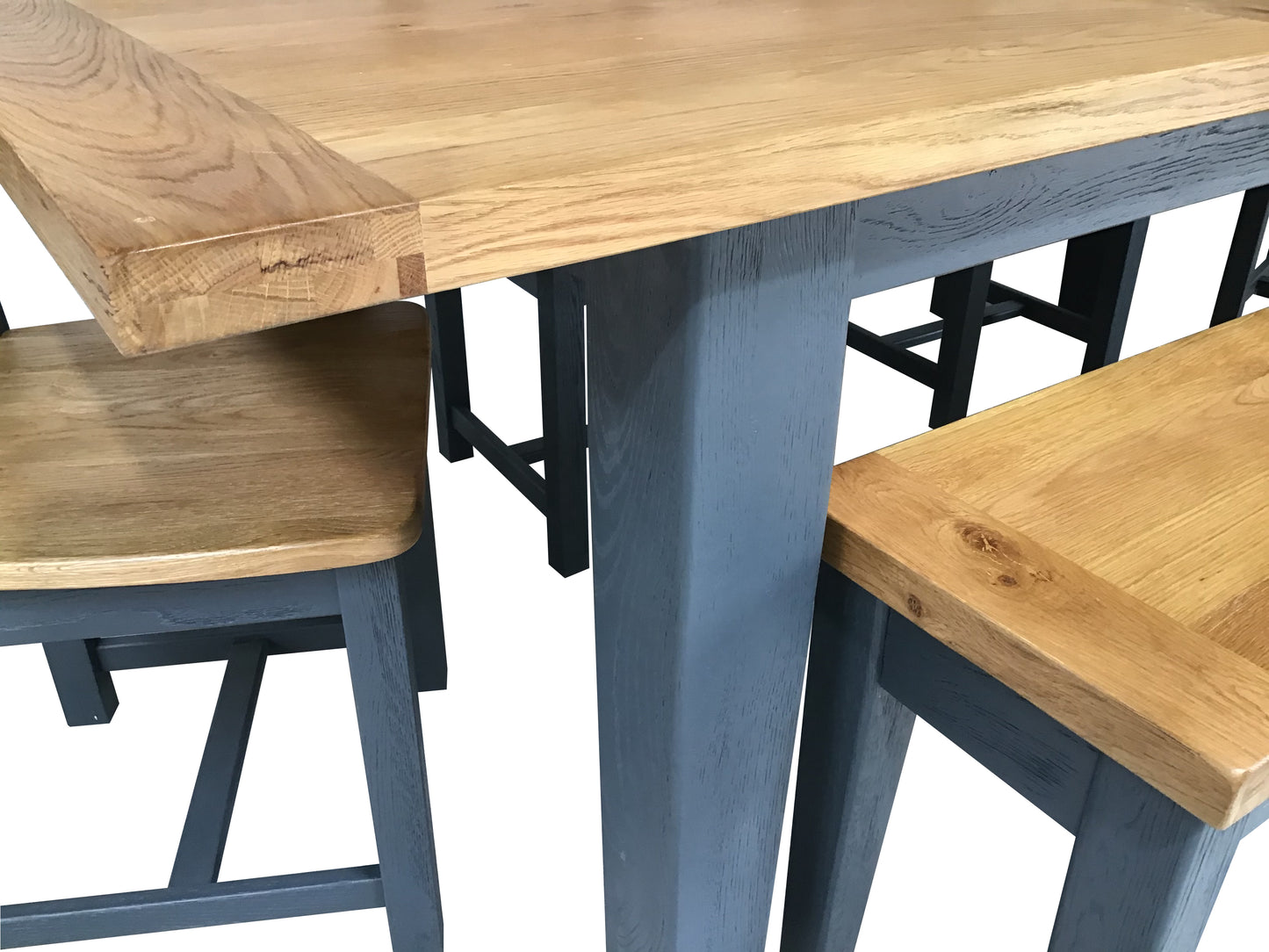 Calgary Oak 1.8m Ext Dining Set in a weathered finish - painted night blue