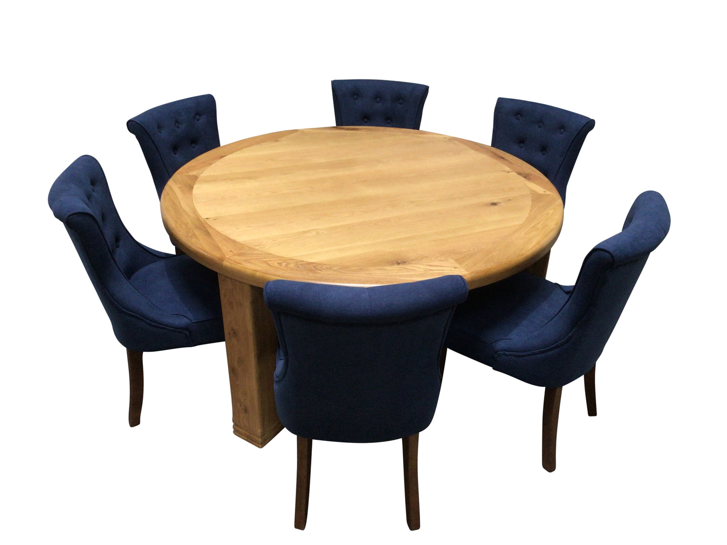 Danube Oak 1.5m Round Dining Set with Blue Velvet Dining Chair