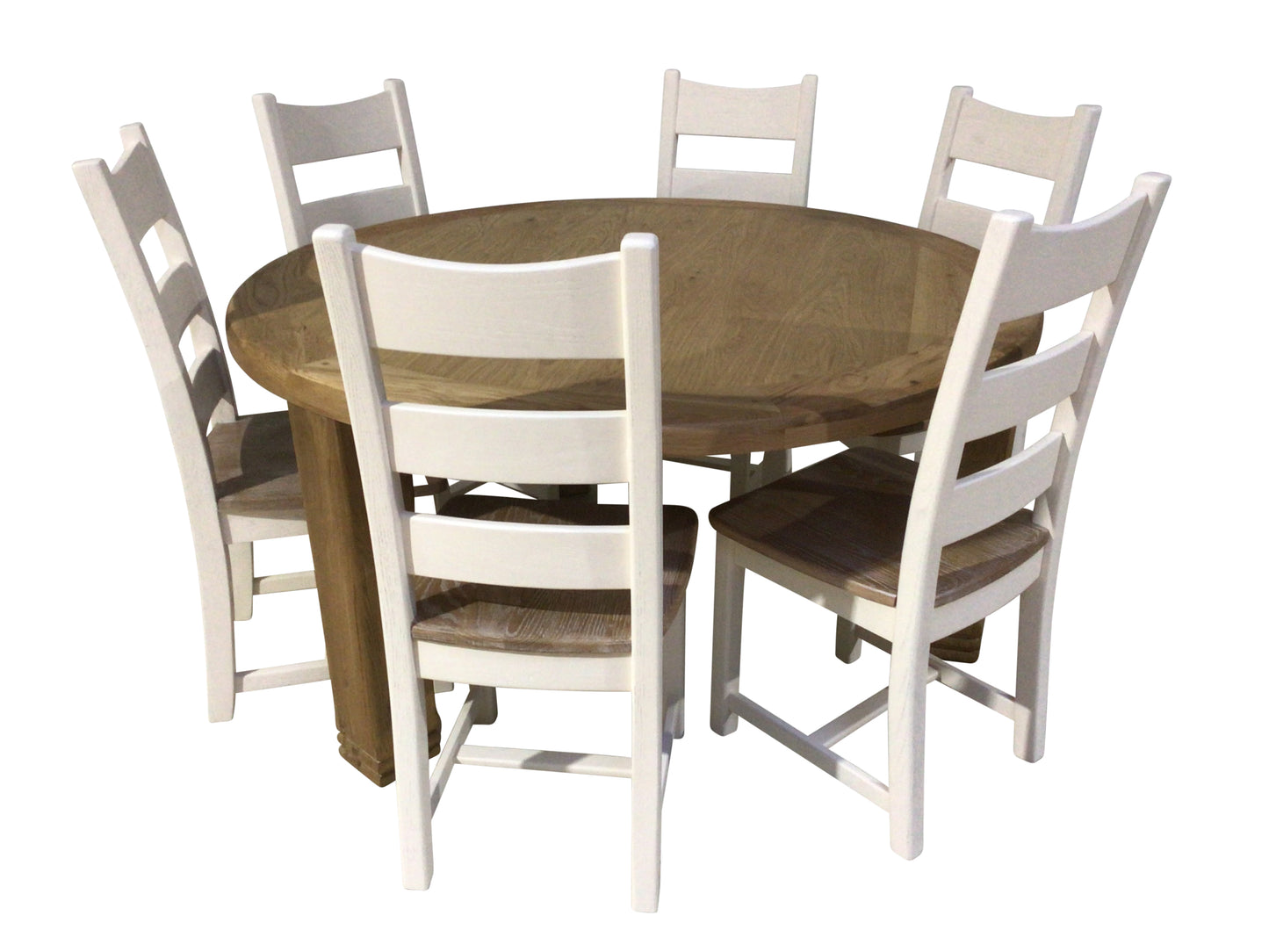 Danube Round Oak 1.5m Dining Set with Off-White Dining Chairs